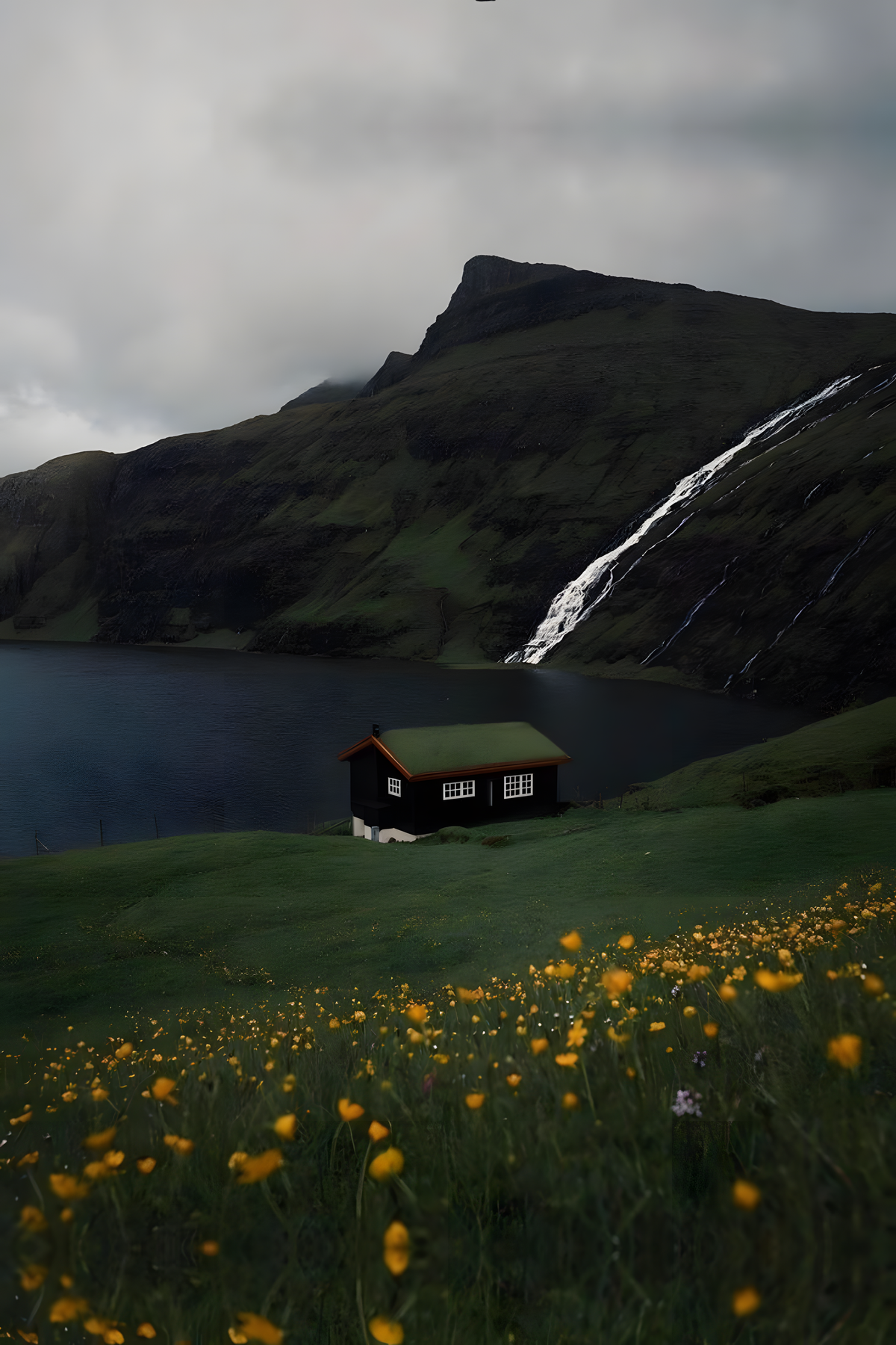 Lakeside cottage beneath a waterfall in forest green, slate gray, yellow.