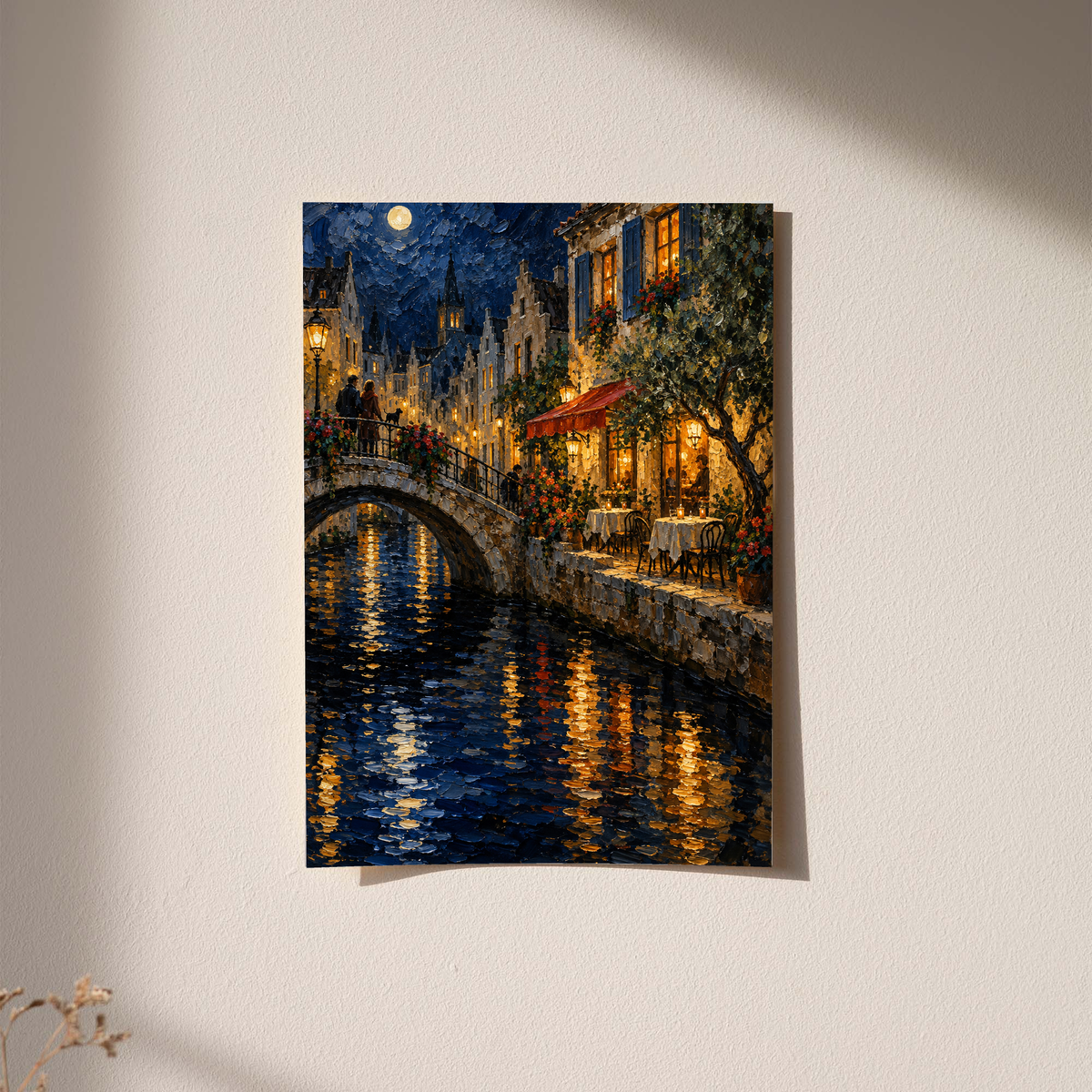 Black-framed canal bridge wall print with blue night sky, warm lights, and shimmering reflections