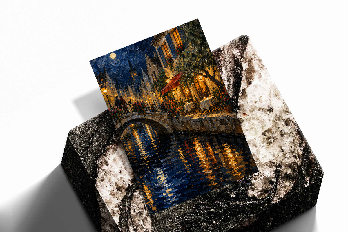 Unframed poster print of moonlit canal bridge with warm windows and reflective water