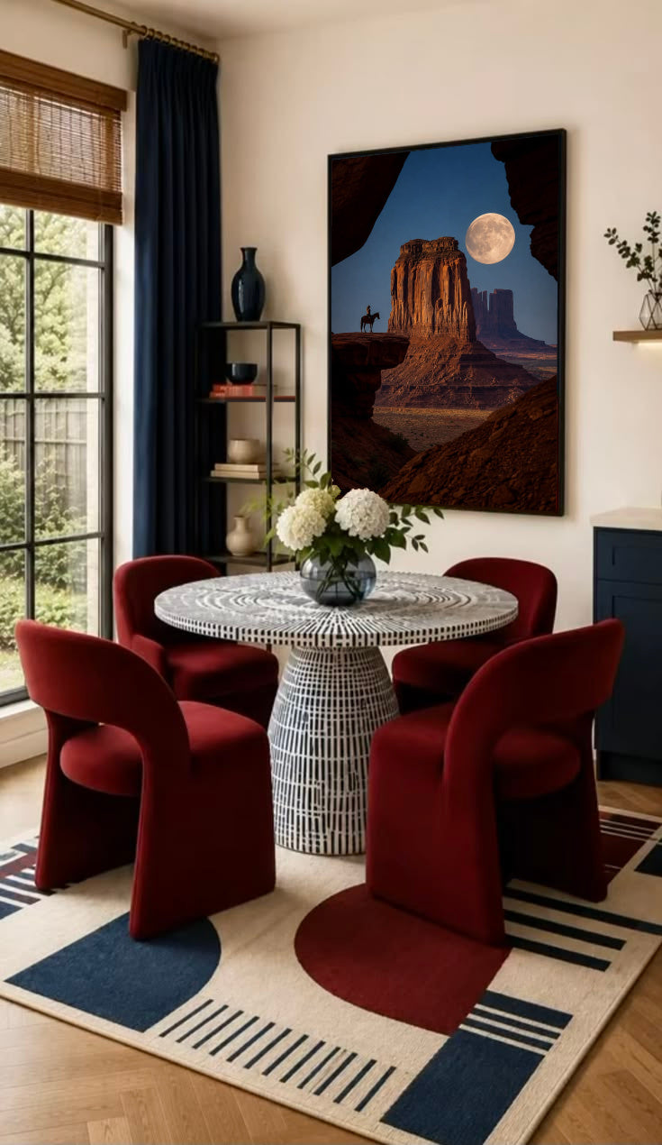 Desert cowboy on horseback silhouette wall art with moon over sandstone butte