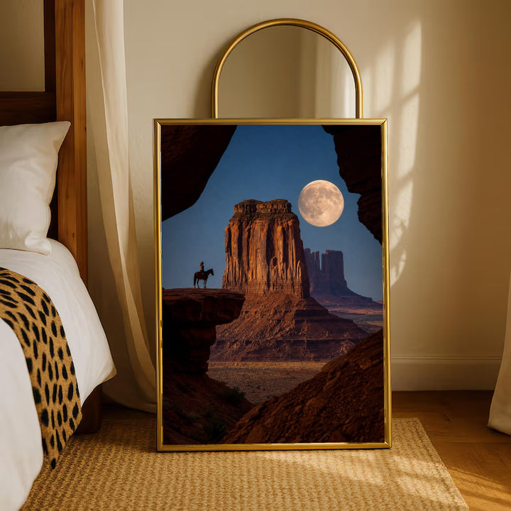 A horseback rider silhouetted beside a sandstone desert butte beneath a full moon in a gold-tone styling frame leaning beside a bedroom mirror