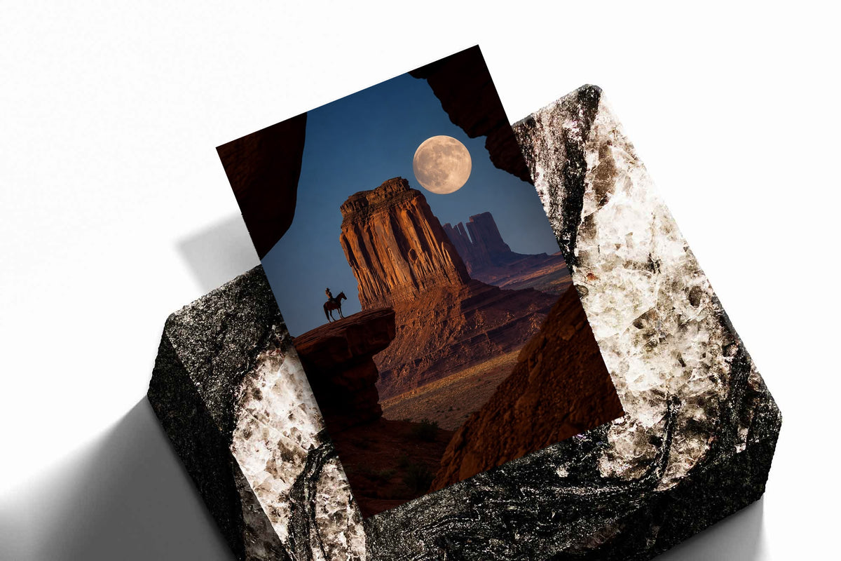 A horseback rider silhouetted beside a sandstone desert butte beneath a full moon as an unframed print resting at an angle on a dark stone display