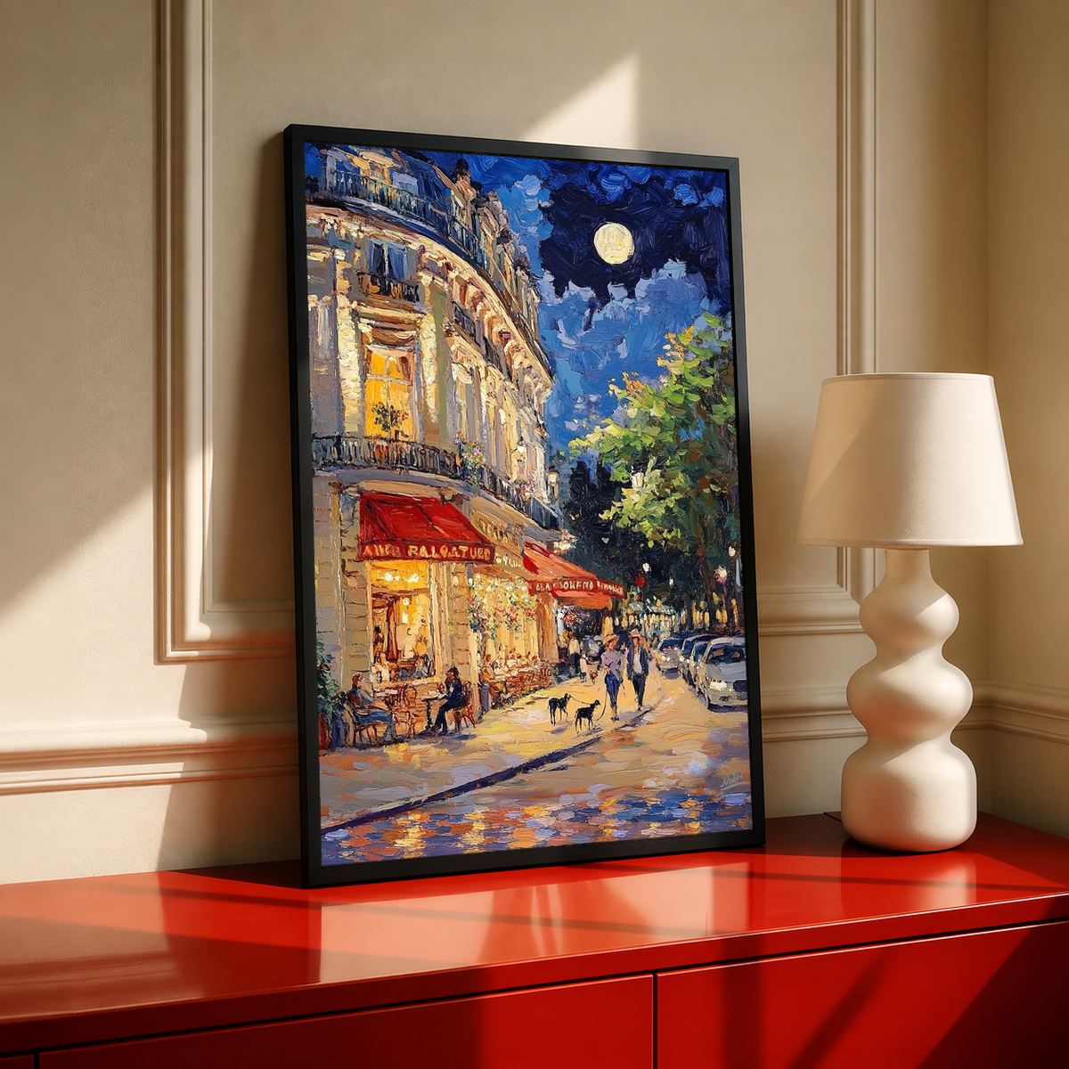 Standing framed moonlit French street print with red awnings and a full moon