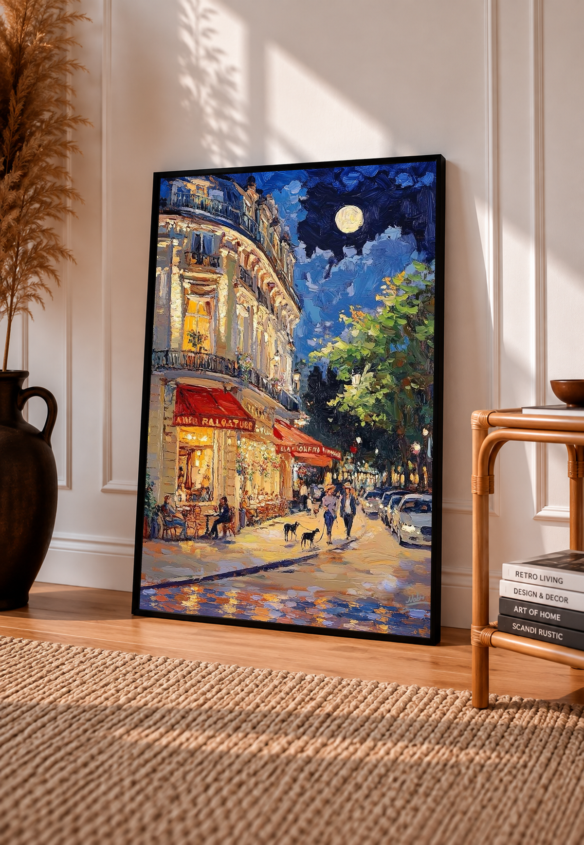 Framed French café print with black frame, moonlit street and red awnings