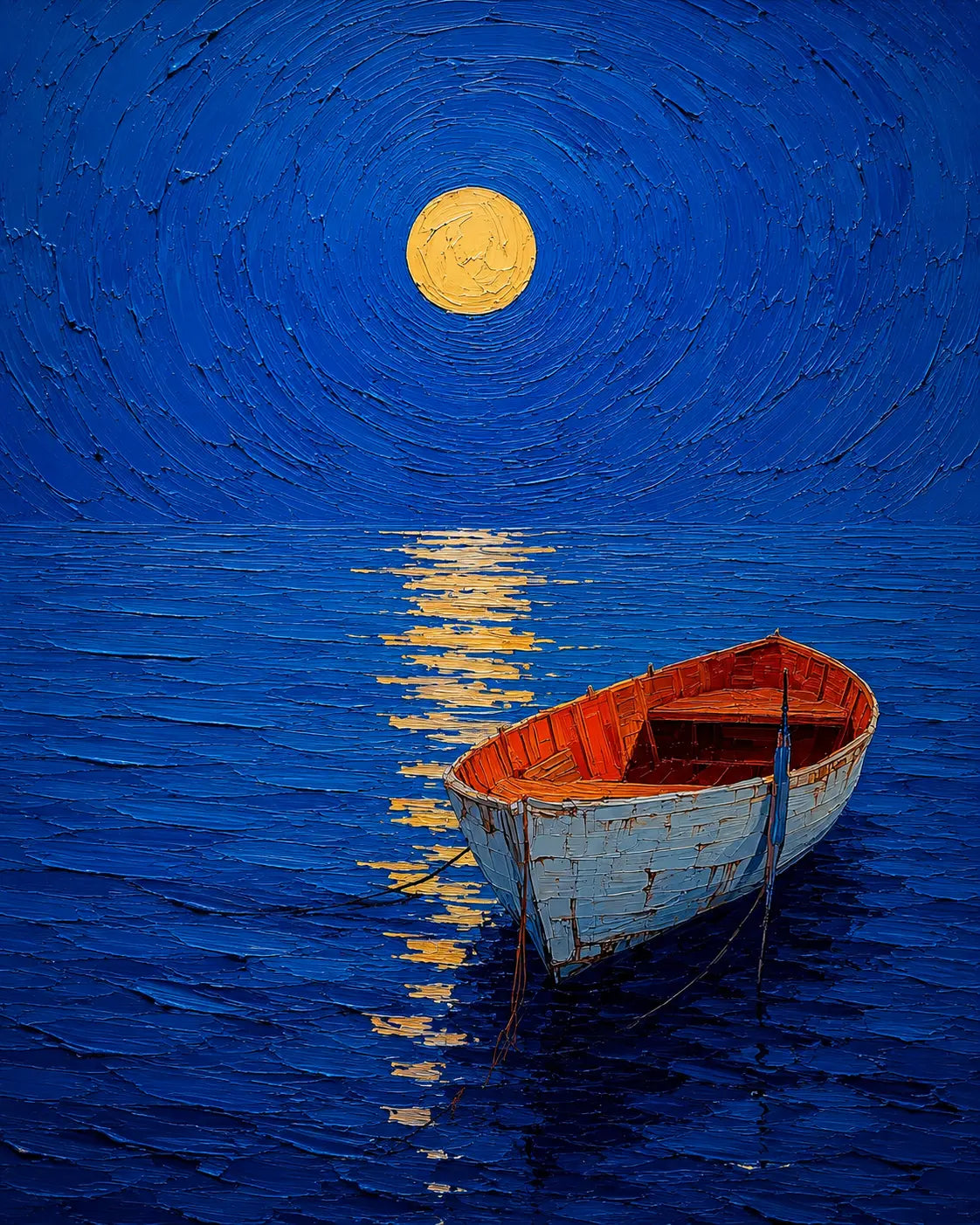 Close-up of blue ocean wall art print with yellow moon and red rowboat