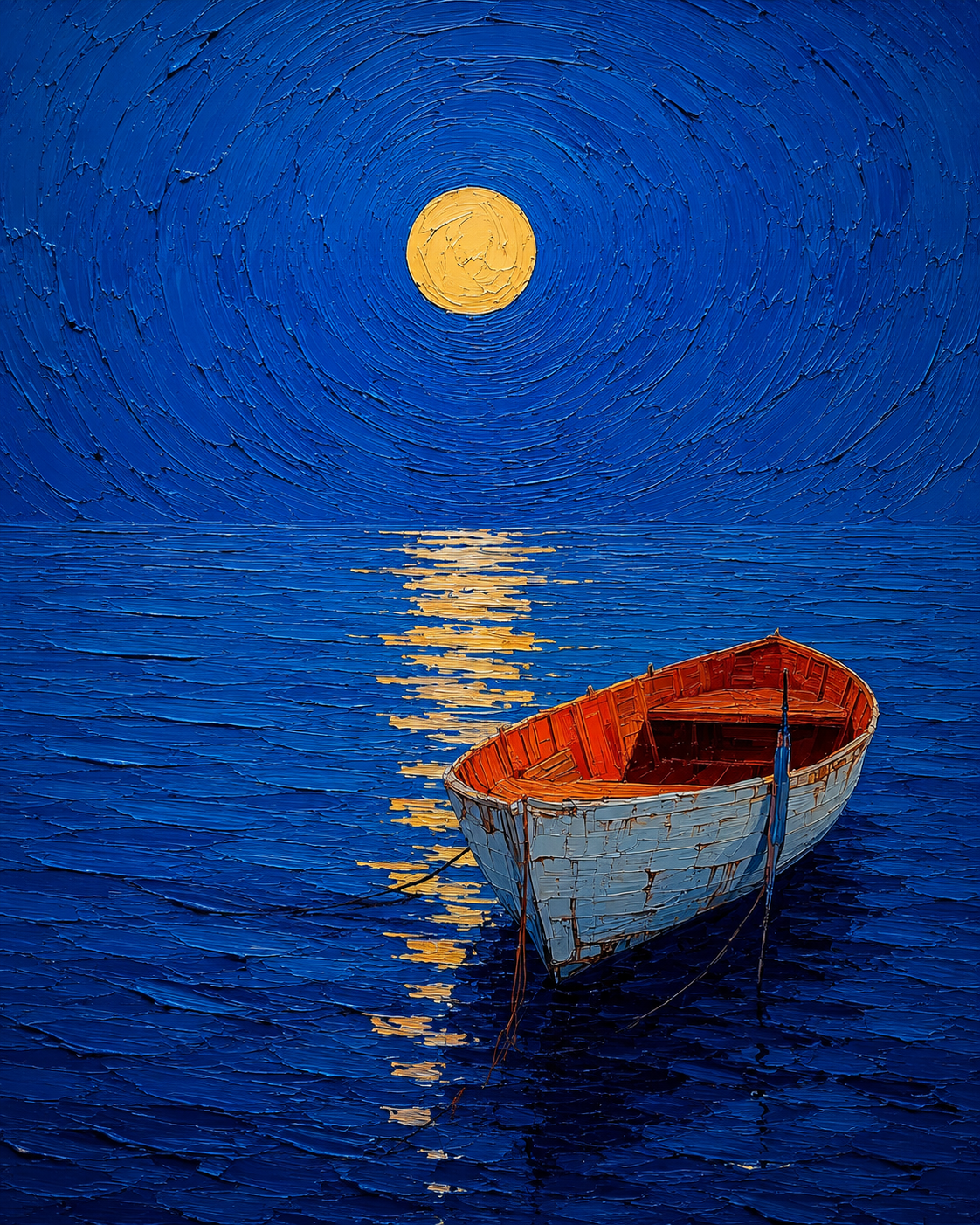 Small rowboat beneath a full moon reflected on deep blue water