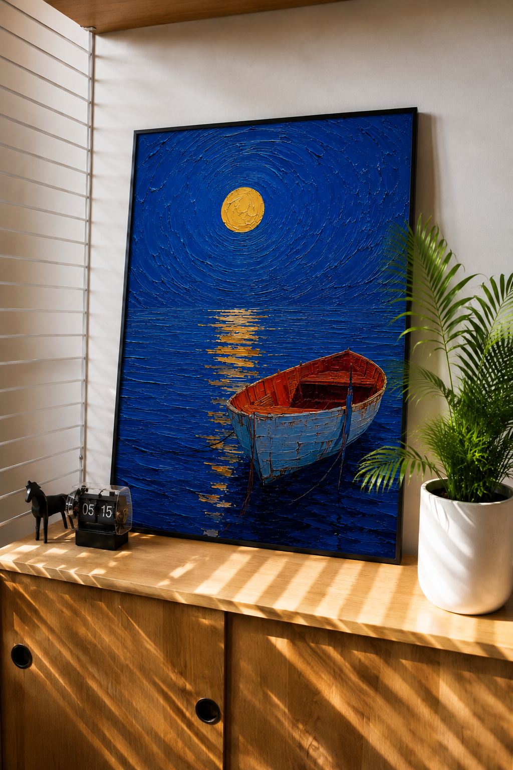 Moonlit rowboat art print styled in a calm bedroom interior