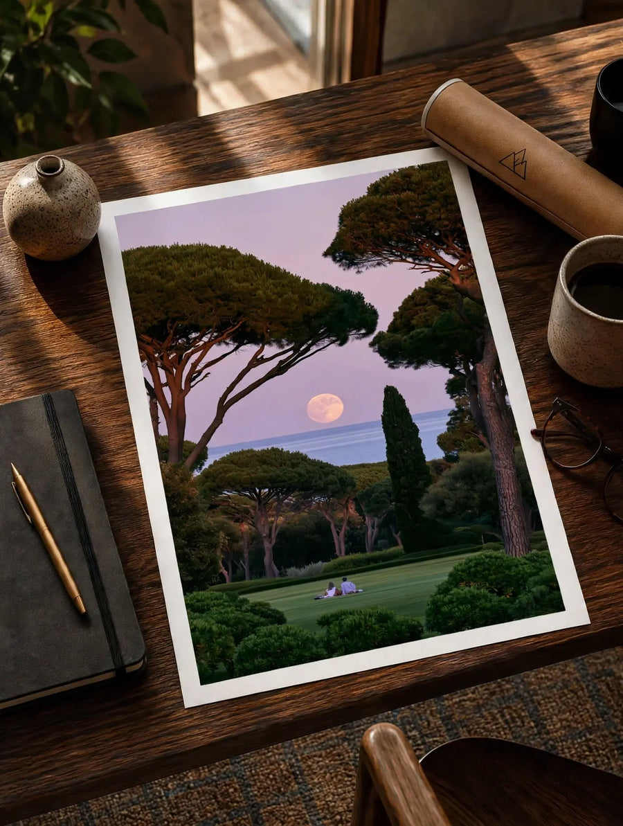 Landscape print on white border with trees, grassy field, and glowing moon