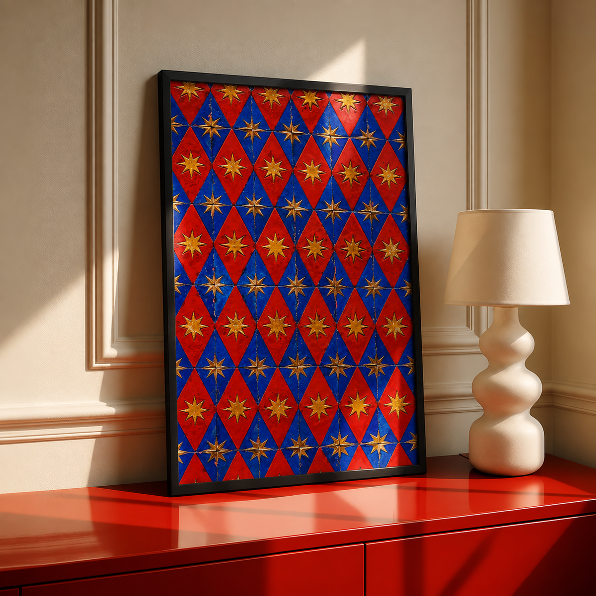 Framed wall art poster with red and blue diamond mosaic star pattern, gold accents