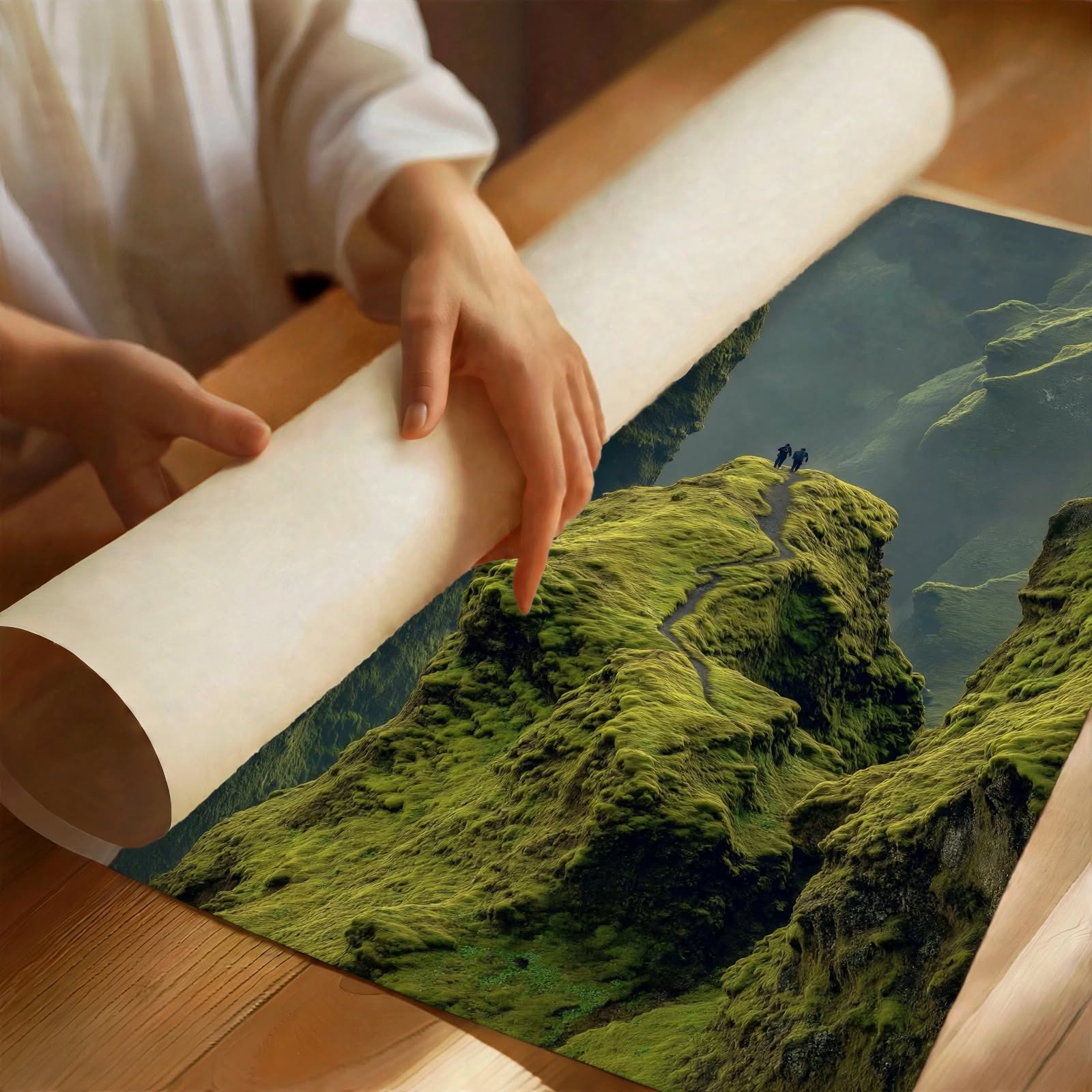 Misty Green Valley Art Print shown as an unframed poster with rich forest green landscape tones