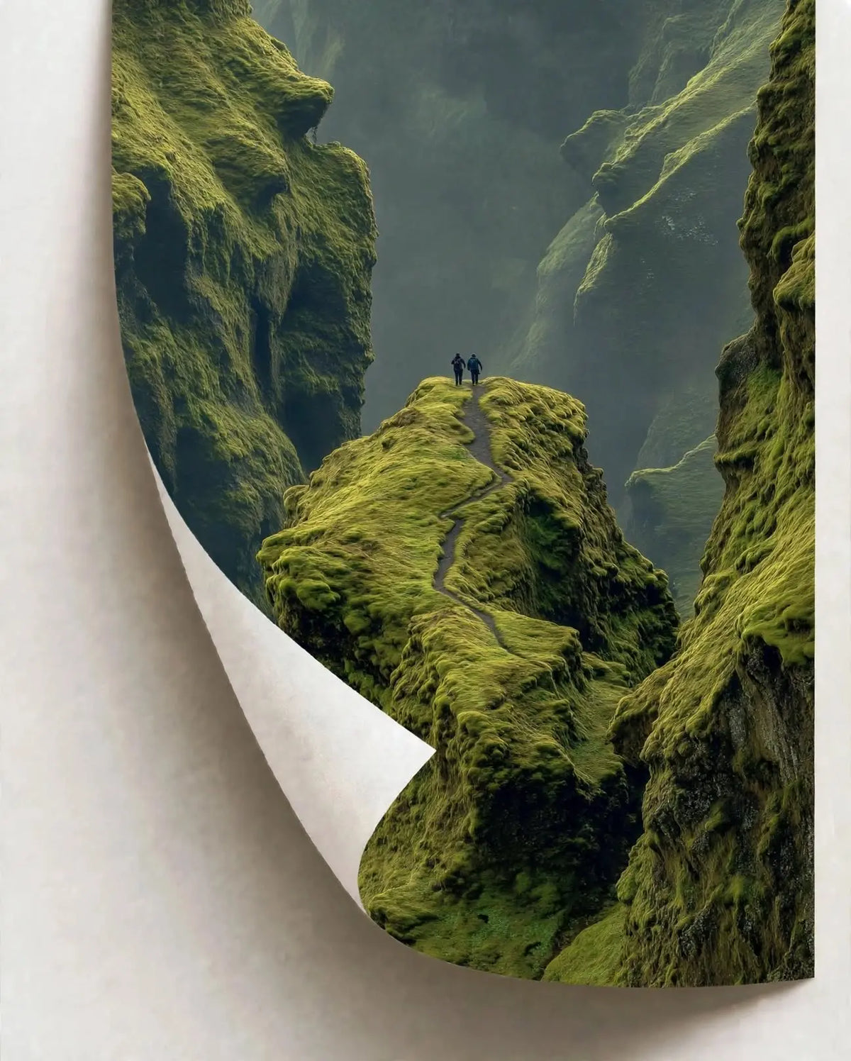 Rolled edge of green valley art print with hikers on a mossy ridge