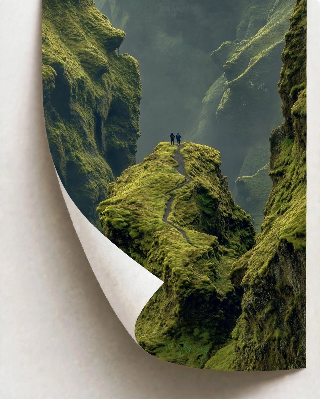 Misty Green Valley Art Print featuring layered cliffs, soft mist and a remote mountain valley