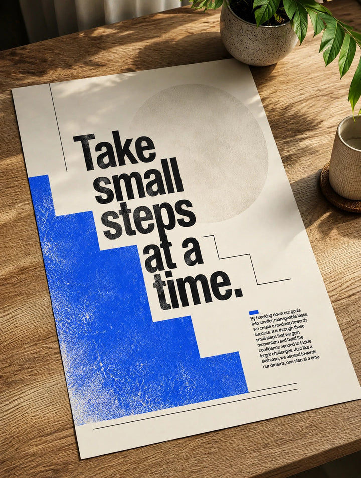 Typographic wall art print with blue gradient blocks on white paper, geometric layout.
