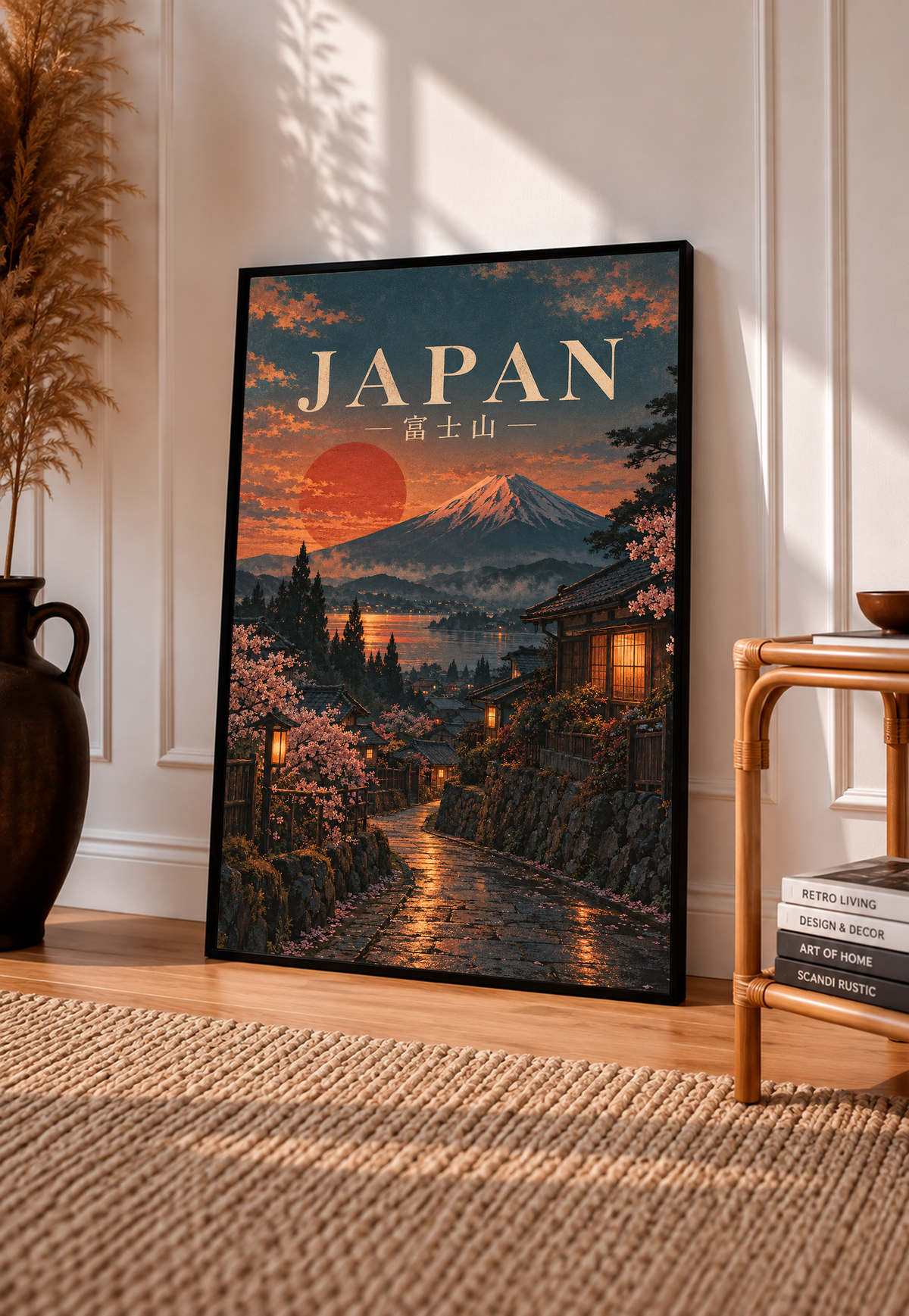 Standing framed Japan poster with Mount Fuji, red sun, and cherry blossoms along a path