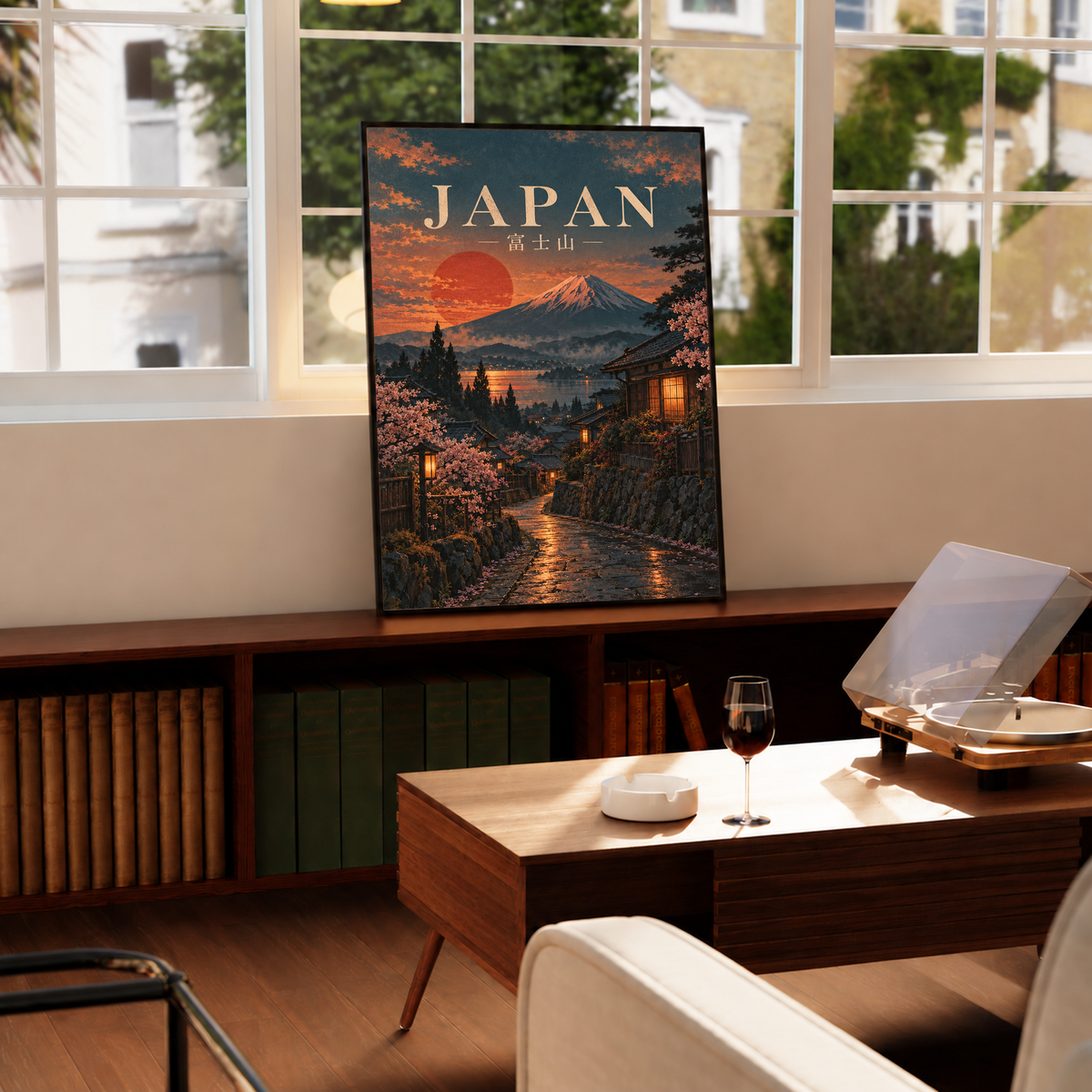 Framed Japan poster on a window ledge with Mount Fuji, cherry blossoms, and pathway lights