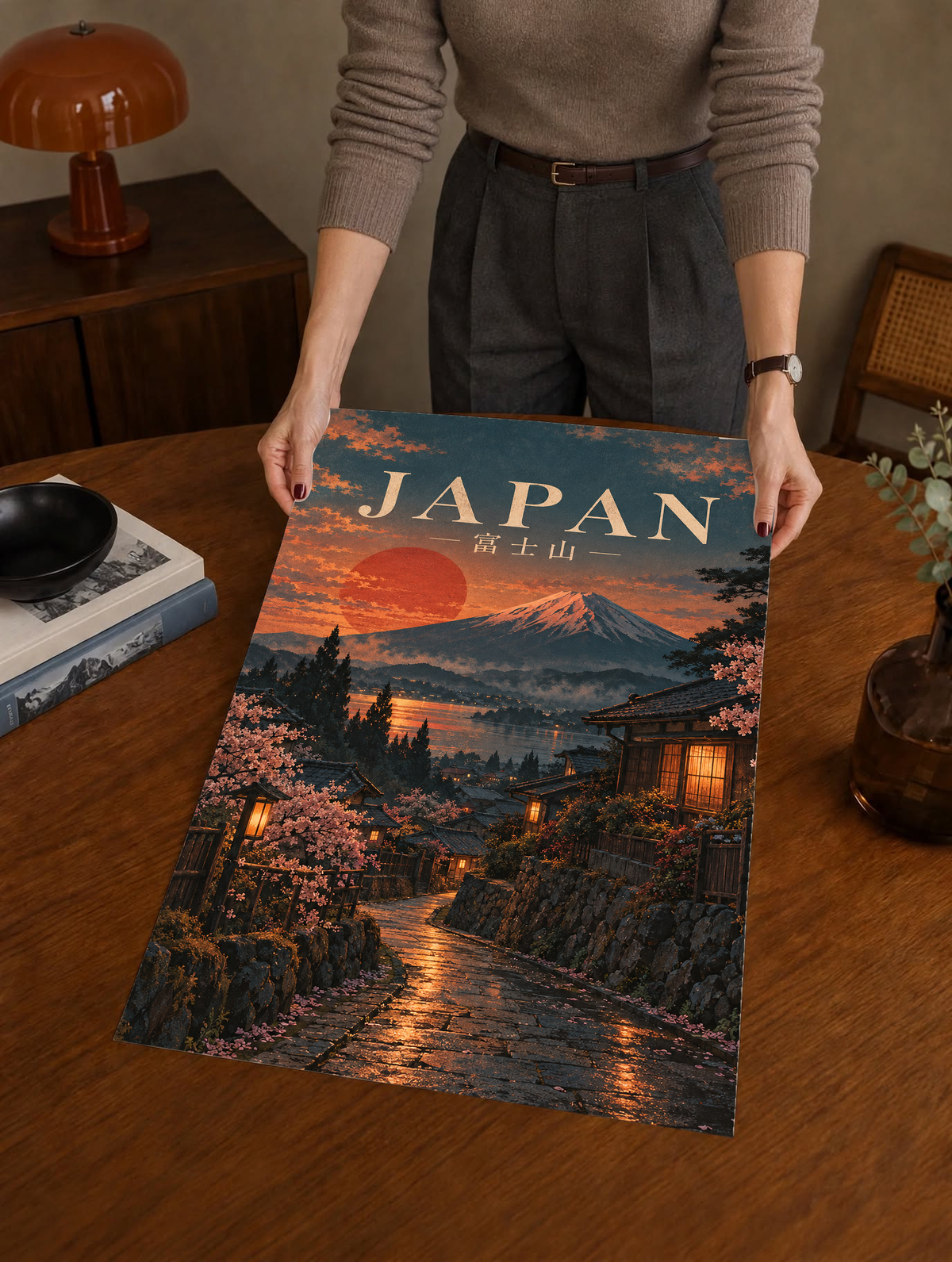 Hands holding a framed Japan poster featuring Mount Fuji, red sun, and cherry blossom street