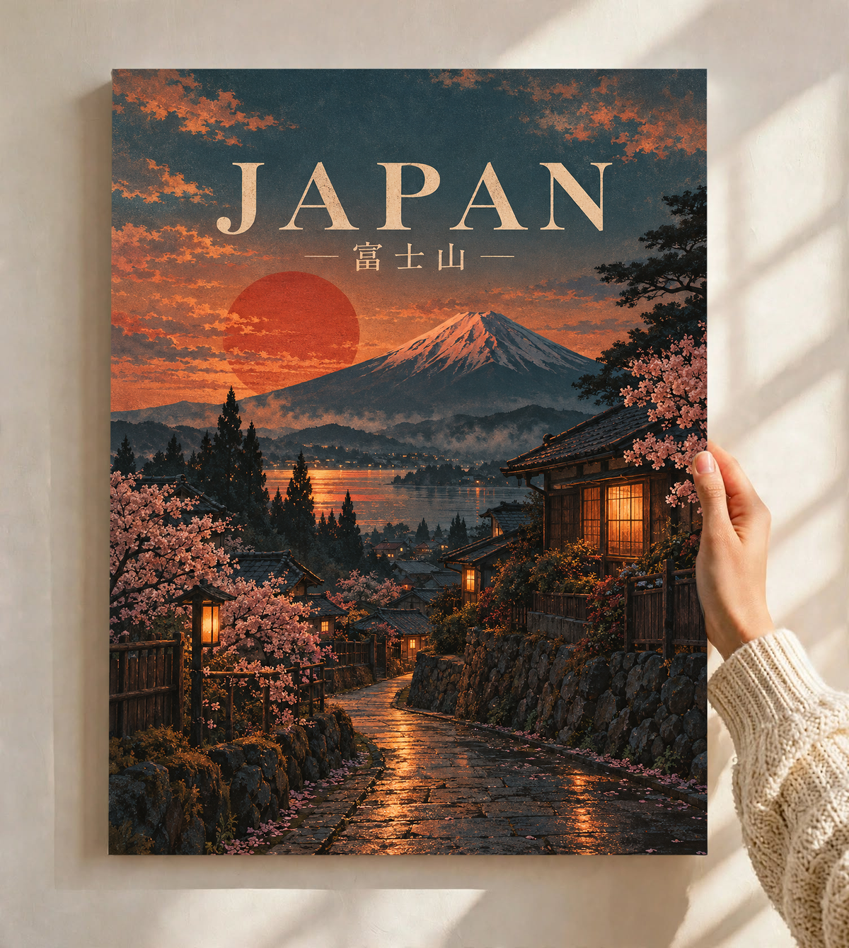 Framed Japan poster showing Mount Fuji at sunset over a lantern-lit cherry blossom street