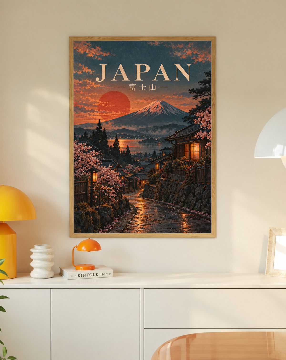 Framed Japan travel poster with red sunset, Mount Fuji, cherry blossoms, and Japan lettering