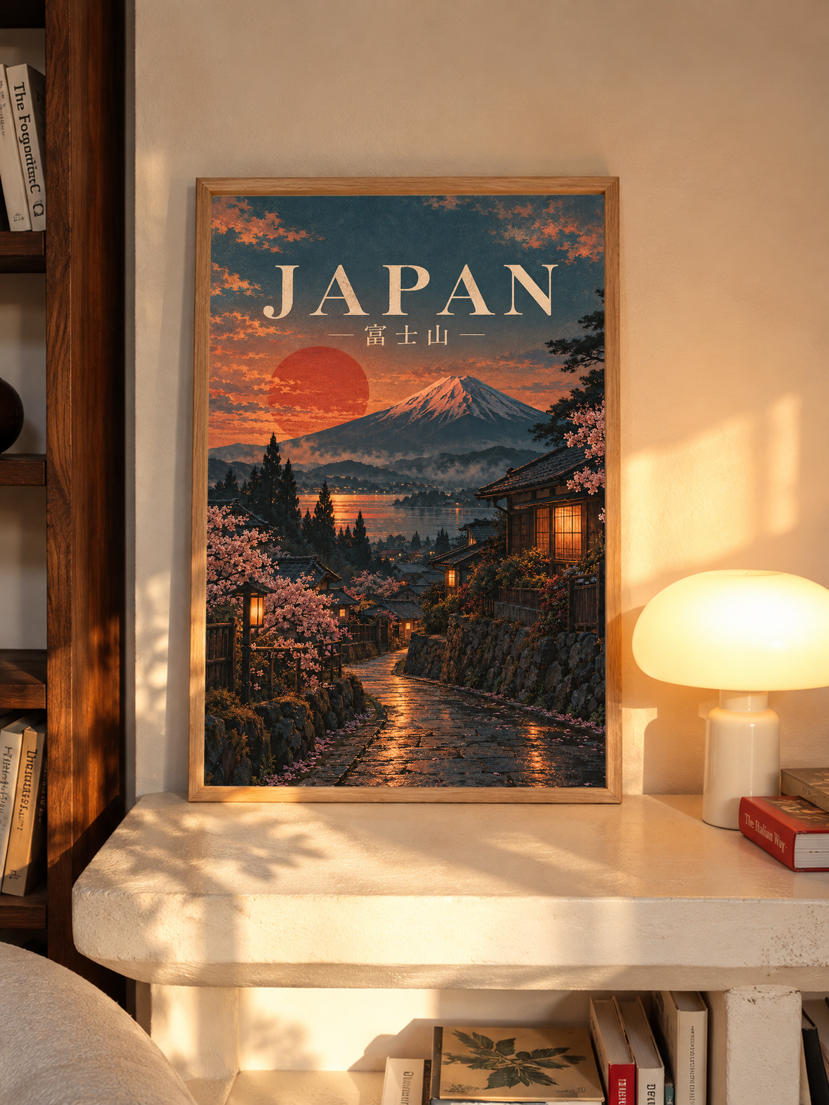 Framed Japan travel poster displayed on a shelf with Mount Fuji, red sun, and cherry trees
