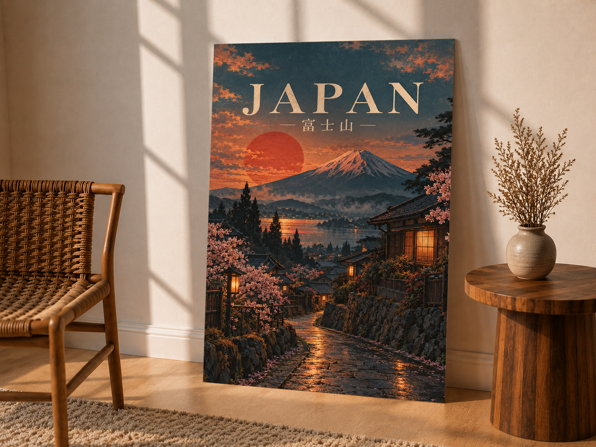 Vertical poster featuring Mount Fuji sunset village and JAPAN lettering