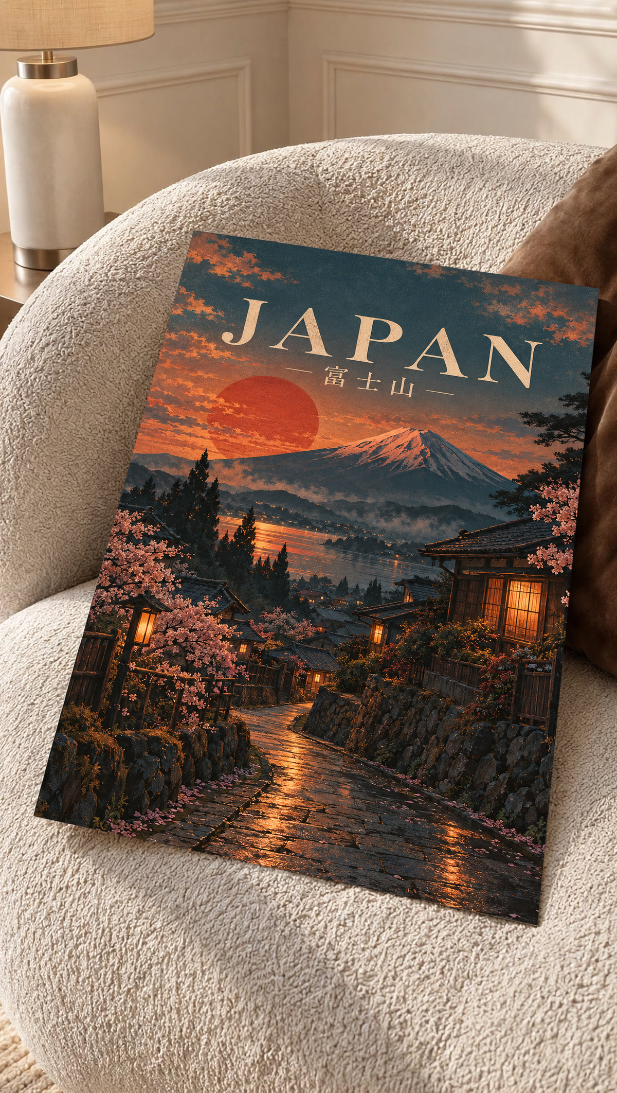 Framed Japan poster on a chair with Mount Fuji, red sun, and lantern-lit blossoms