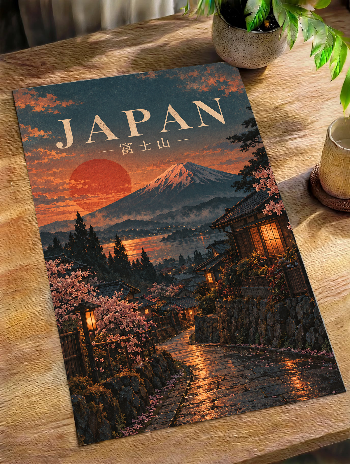 Diagonal view of framed Japan poster with Mount Fuji, orange sky, and cherry blossoms