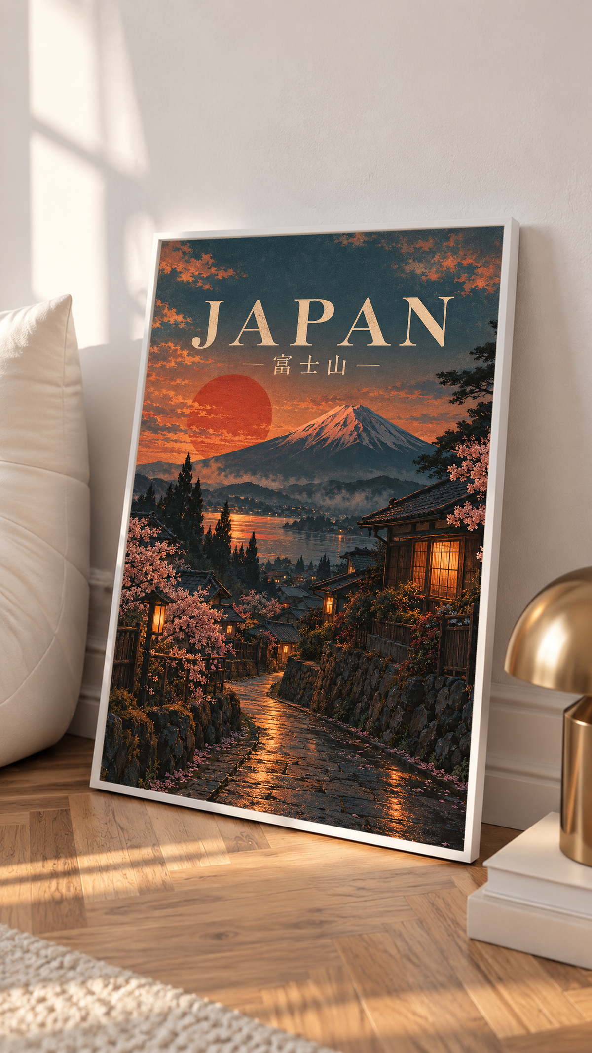 Framed Japan poster leaning on the floor with Mount Fuji, cherry blossoms, and lit houses