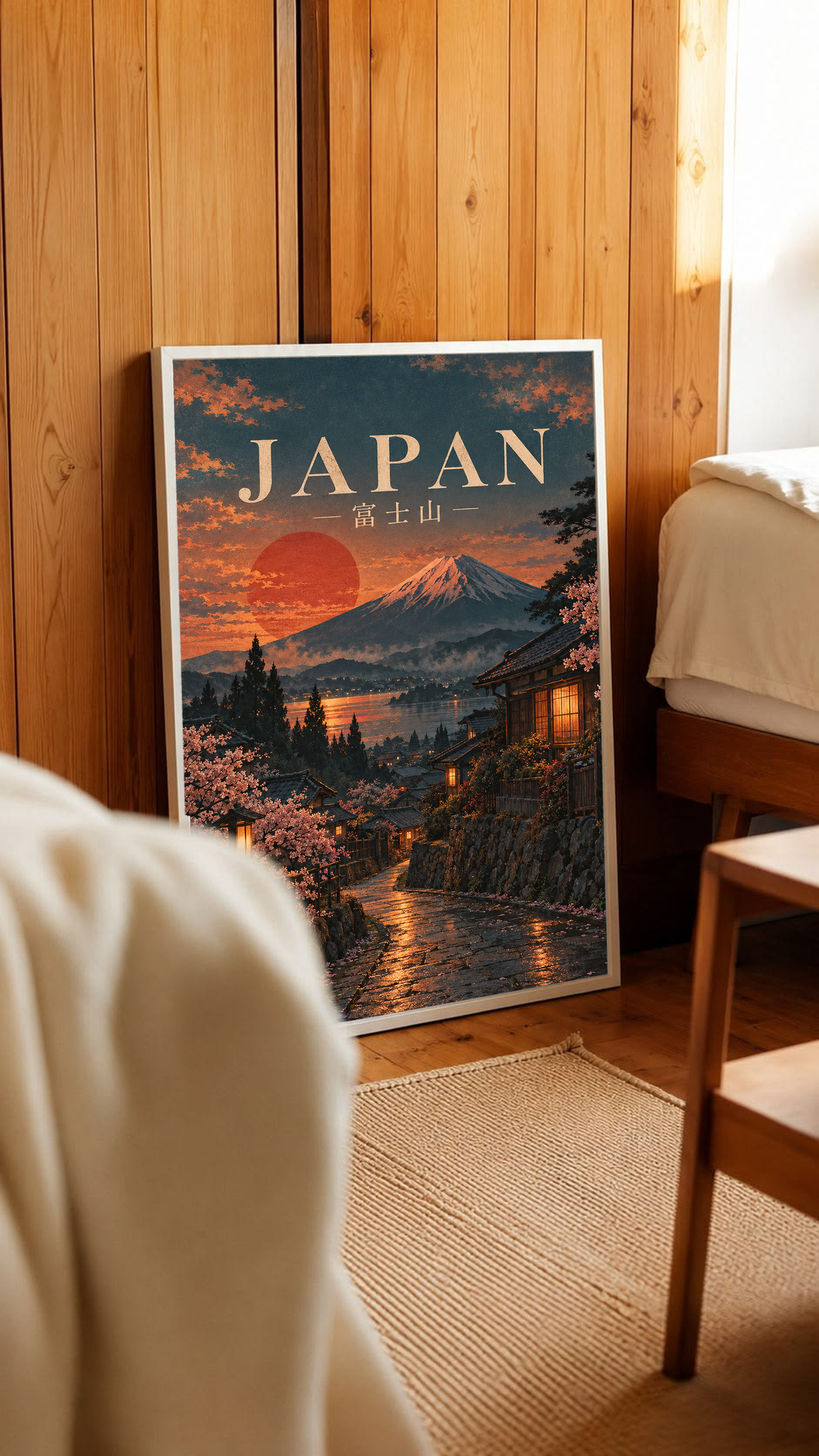 Framed Japan poster against wooden wall with Mount Fuji, red sun, and cherry blossom street