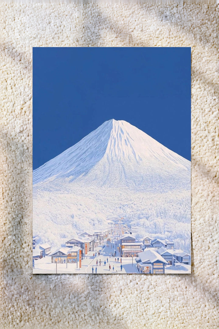 Fuji mountain landscape wall art poster with snowy peak and village under blue sky
