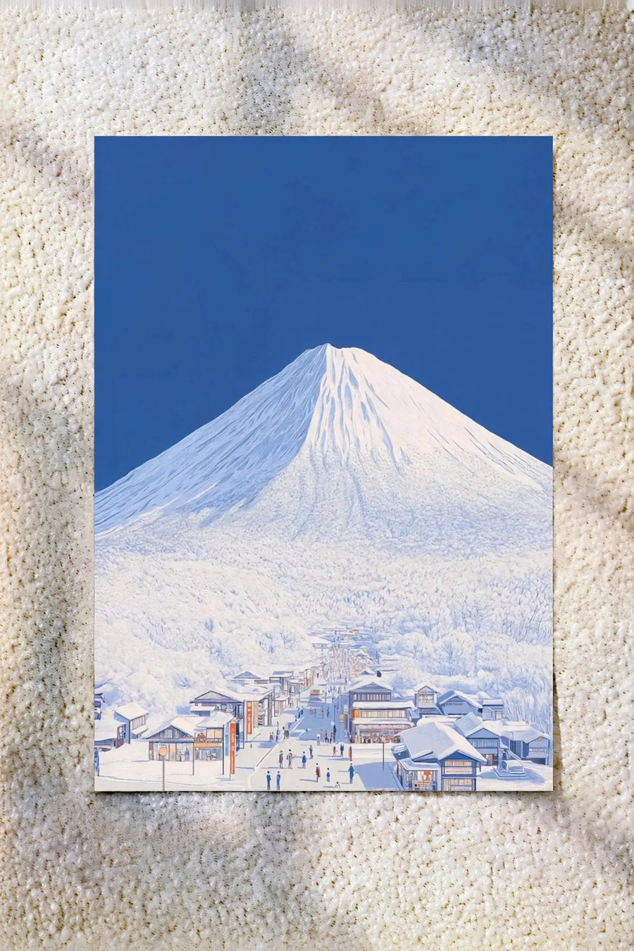 Fuji mountain landscape wall art poster with snowy peak and village under blue sky