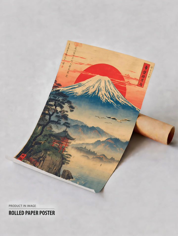 Rolled paper travel poster featuring Mount Fuji under a red sun