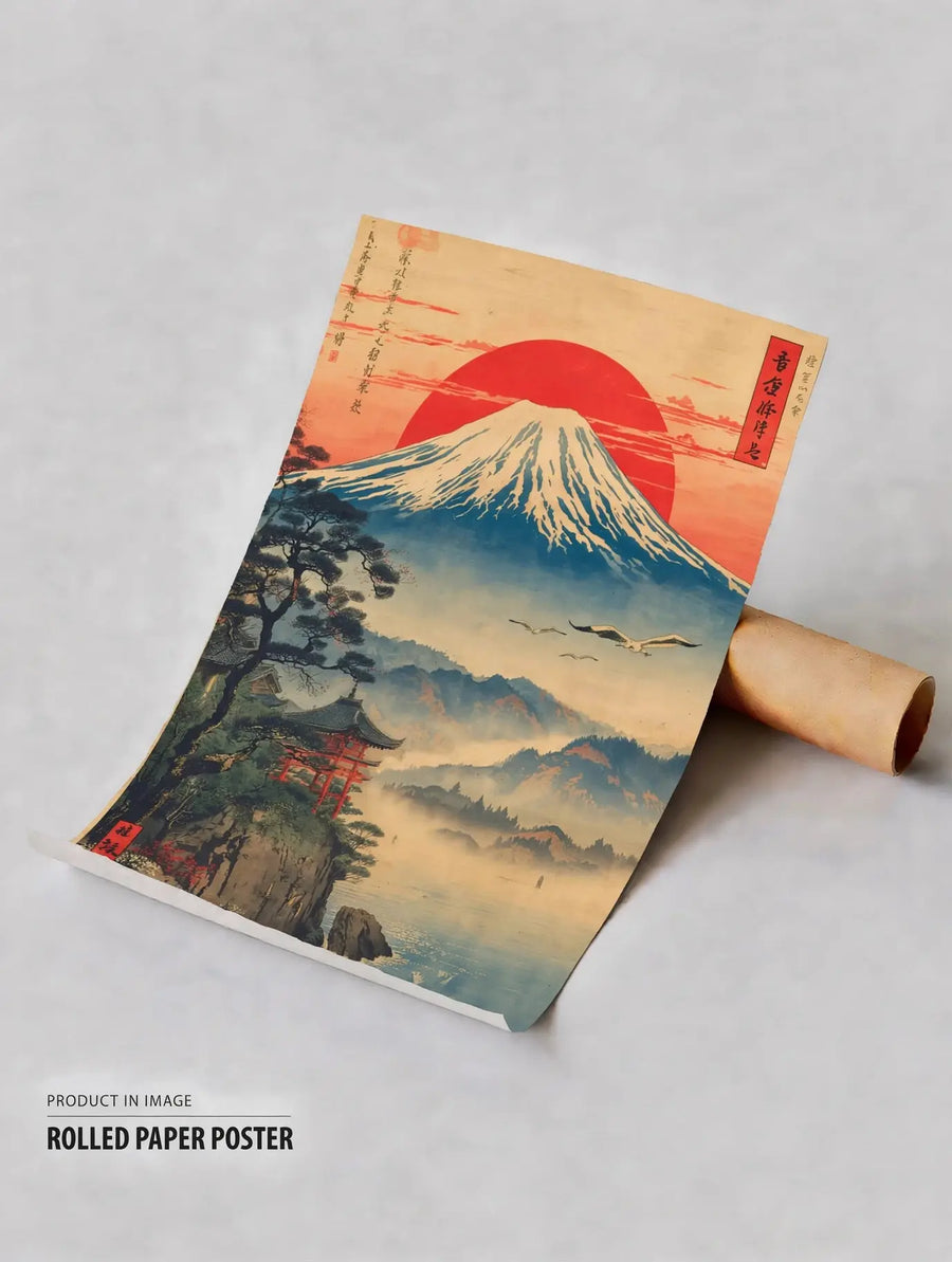 Póster enrollado de viaje con el monte Fuji