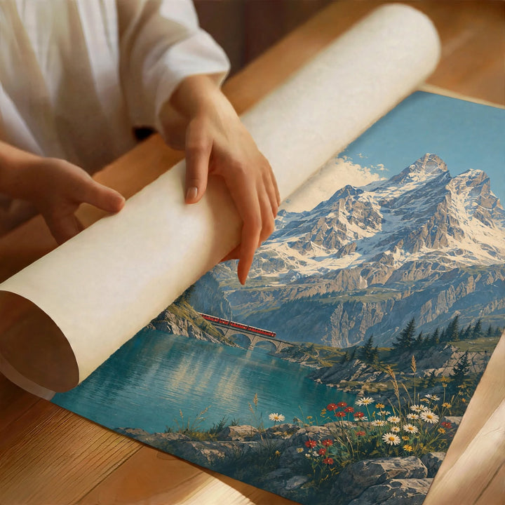 Alpine Lake Mountain Art Print shown as an unframed poster with detailed alpine landscape scenery