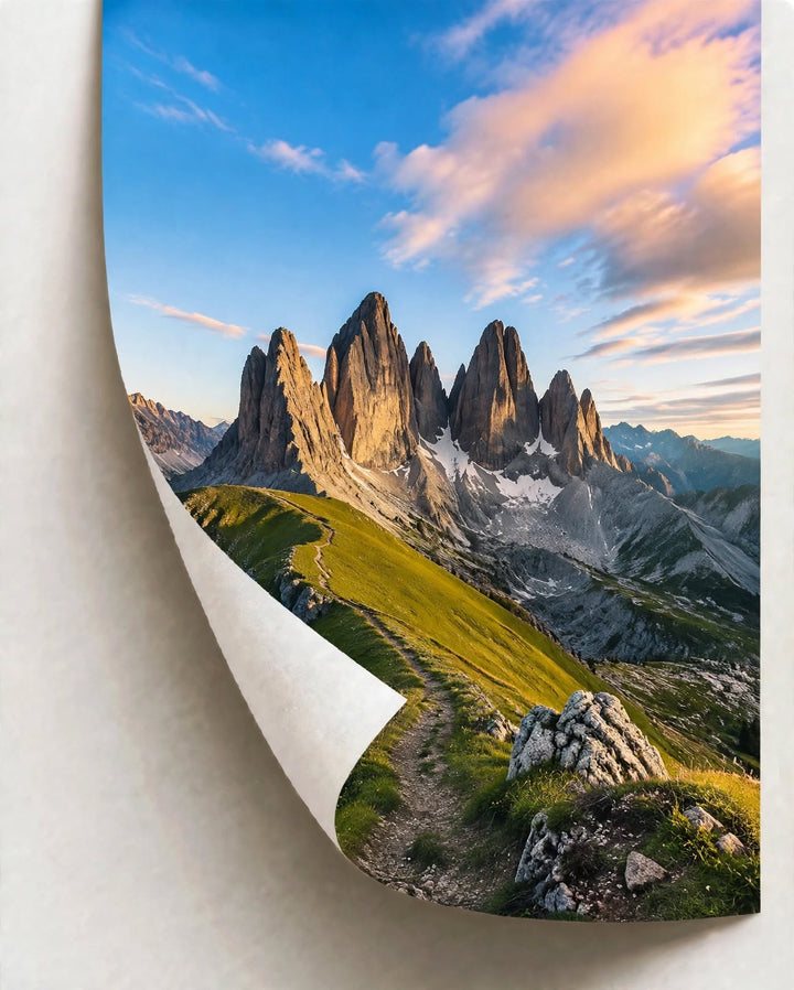 Dolomites Mountain Art Print shown as an unframed poster with vivid Italian Alps landscape and natural colors