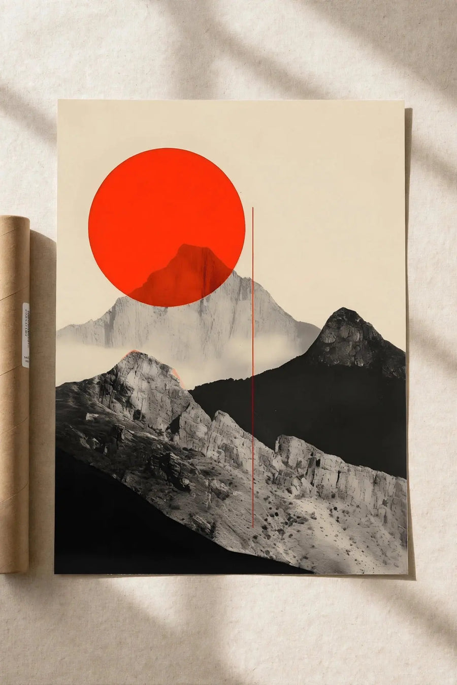 Mountain art print with red circle sky and gray mountain peaks
