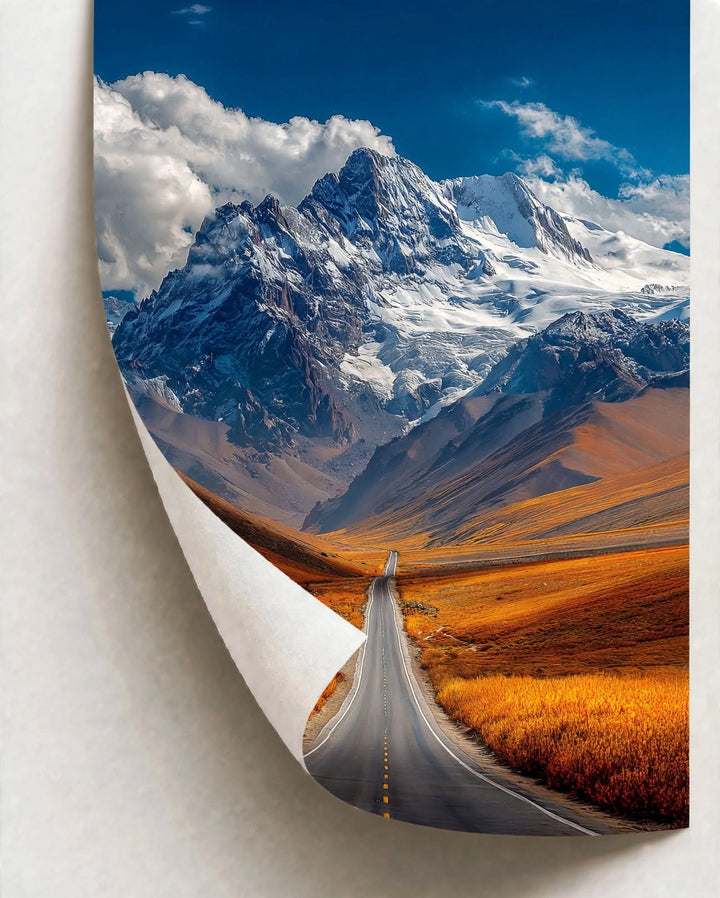 Mountain Road Art Print featuring contrasting warm autumn terrain and cool snow covered peaks
