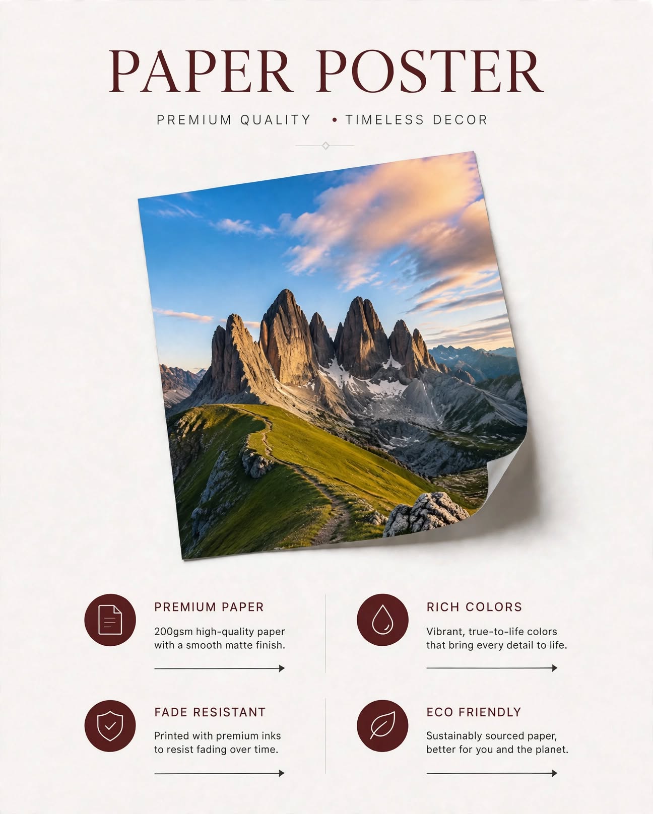 Dolomites Mountain Art Print displayed as a poster with detailed Dolomites scenery for nature inspired interiors