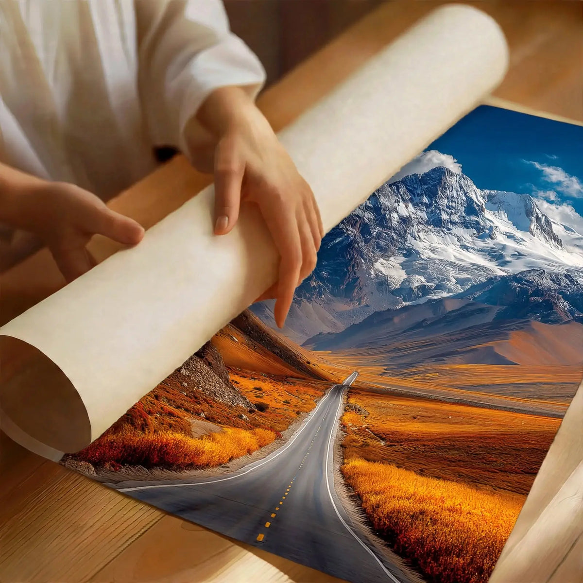 Mountain road art print being mounted, showing snowcapped mountains and winding highway