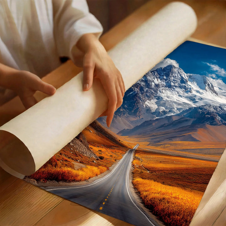 Mountain Road Art Print with a winding road surrounded by vivid orange wilderness scenery