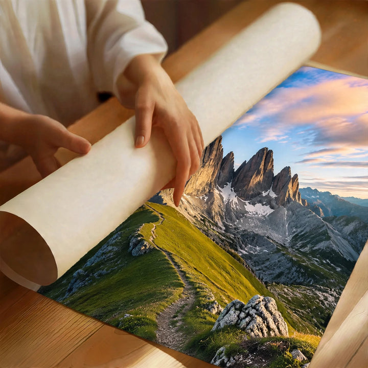 Dolomites Mountain Art Print poster featuring dramatic rocky peaks, green alpine trails and expansive mountain scenery