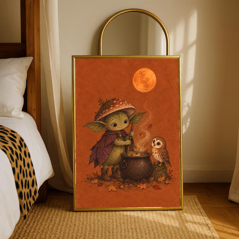 Woodland art print with creature stirring cauldron, owl companion, and orange moon; gold frame