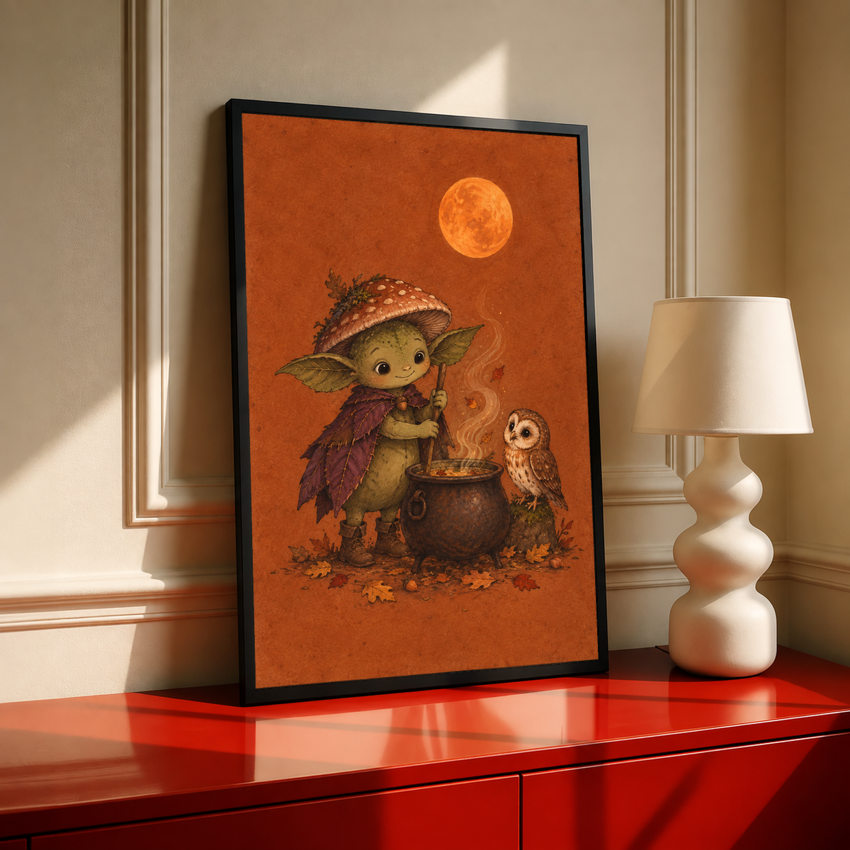 Woodland art print: creature holding cauldron spoon with owl; orange moon; black frame