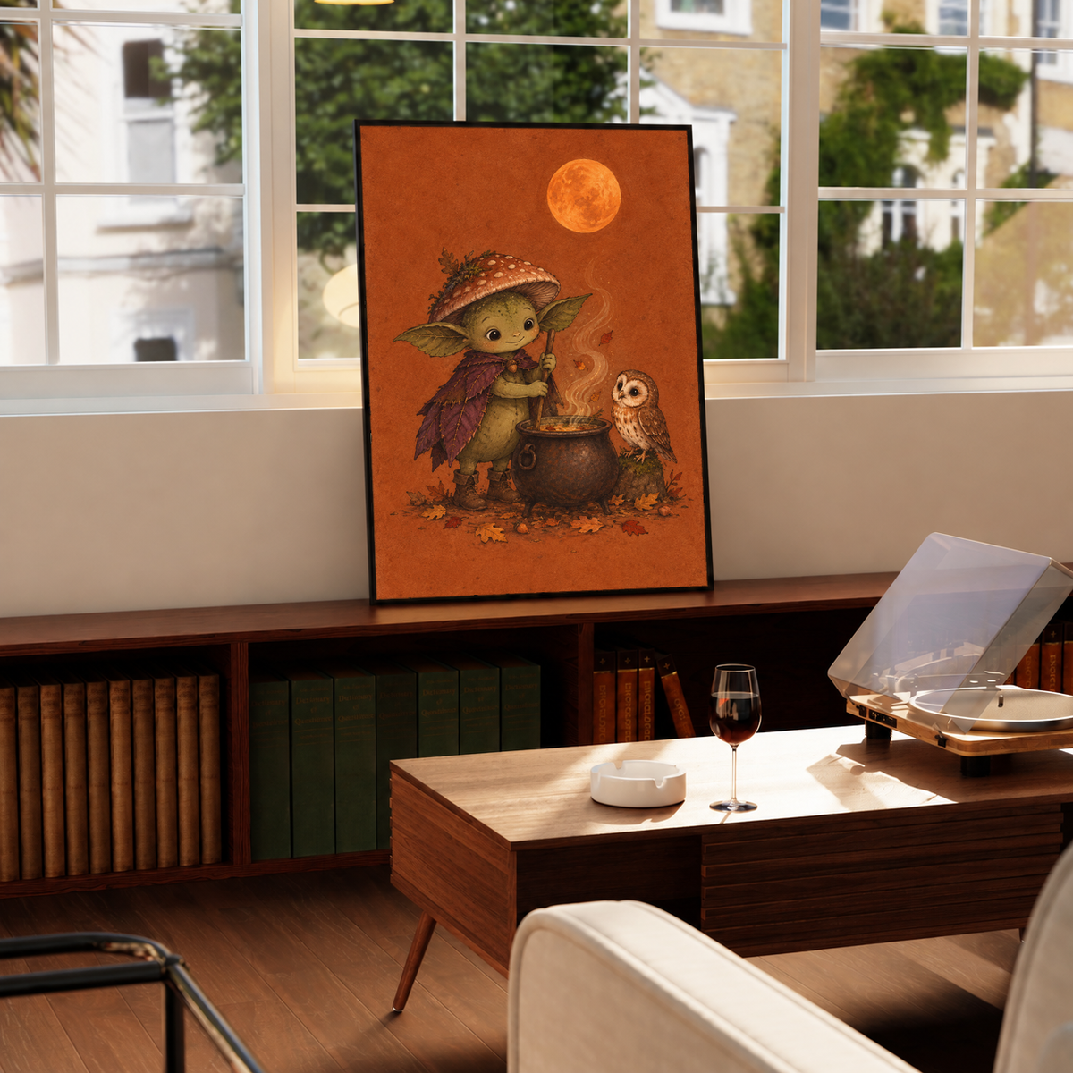 Framed woodland art print: creature stirring cauldron with owl; orange moon; black frame