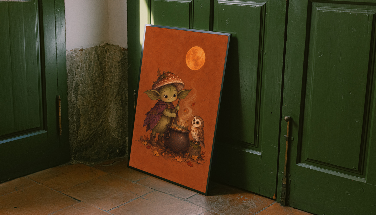 Woodland art print with creature at cauldron and owl under orange moon; black frame