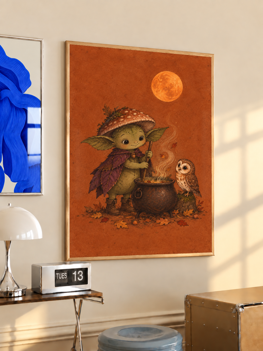 Woodland art print: creature by cauldron with owl and orange moon; brown frame