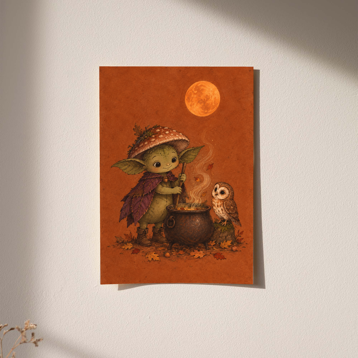 Woodland art print with creature by cauldron, owl companion, and orange moon; orange background