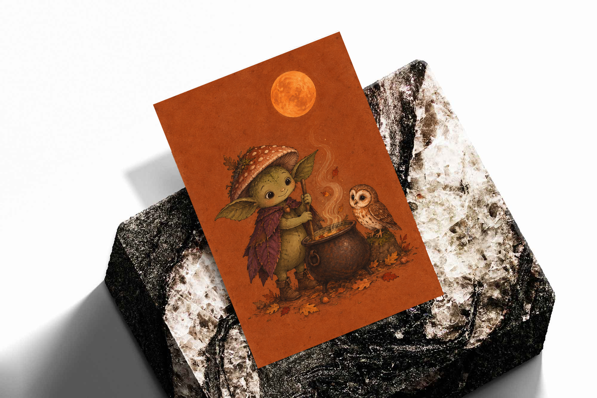 Unframed woodland art print featuring creature, cauldron, owl, and orange moon on orange