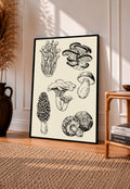 Six mushroom specimen studies with varied caps stems and gills in black ink style in a black frame leaning on a sunlit wooden floor beside books and a rattan seat