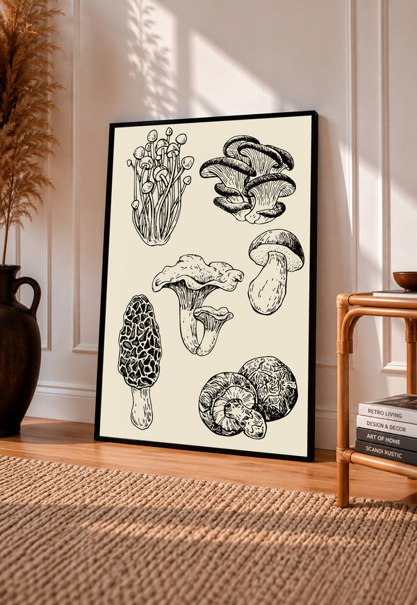 Six mushroom specimen studies with varied caps stems and gills in black ink style in a black frame leaning on a sunlit wooden floor beside books and a rattan seat