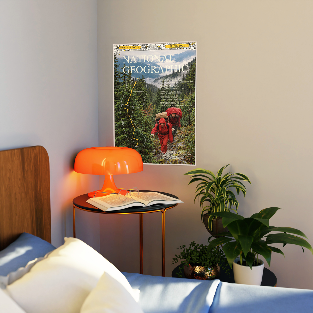 Red-jacketed hikers in a green forest with yellow route map and magazine-style heading; artwork styled in a living room